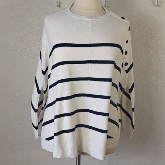 J. Jill Sweater Knit Cape Poncho White & Navy-Blue Stripe - Picture 2 of 5